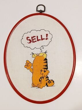 Vintage Garfield Cross-stitch Wall Hoop - 'SELL!'